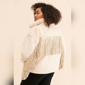 Anthropologie Blue Revival Fringe Detail Cream Faux Fur Jacket 1x